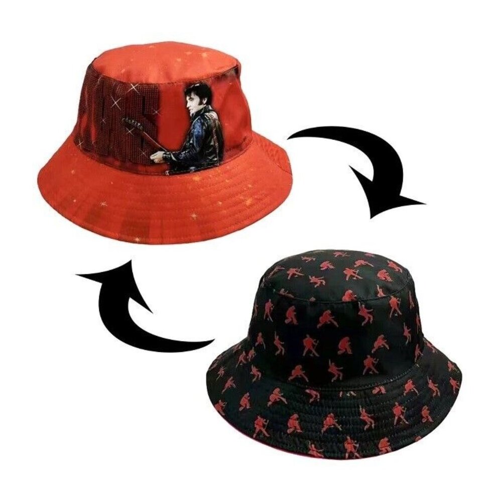 New Red Elvis Presley Reversible Bucket Hat Adult Sun Summer One Size NIP Guitar - Picture 3 of 3